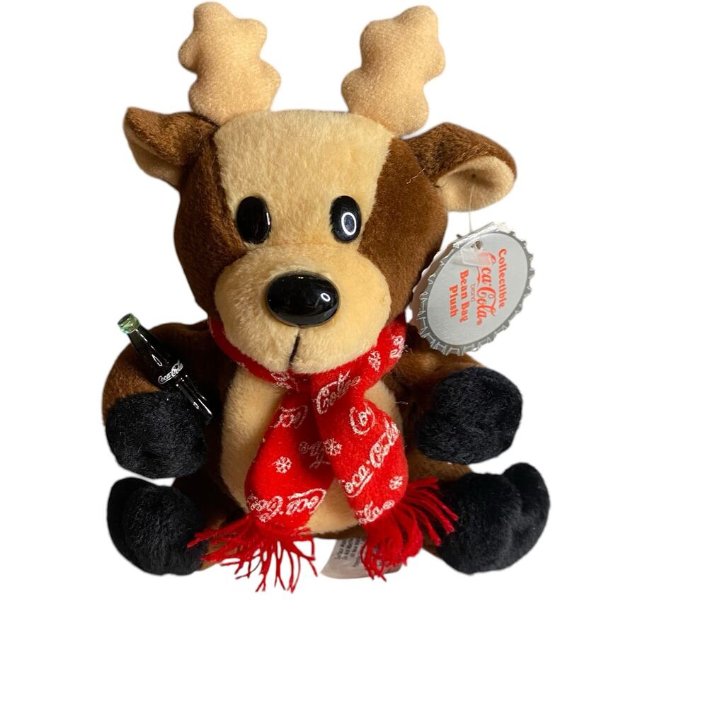 NWT 1998 Coca-Cola Collectible Reindeer Bean Bag Plush holding a Coke Bottle